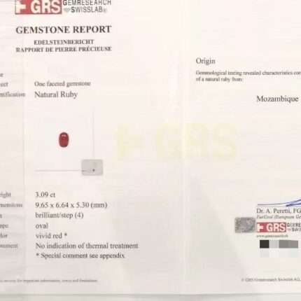 GRS certificate of Pigeon Blood Ruby Unheated Mozambique Ruby, 3.09 Ct, Oval Cut