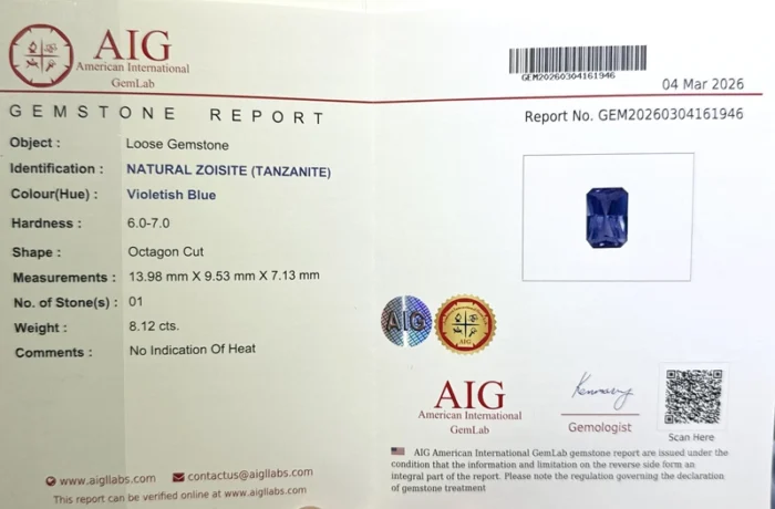 Natural Tanzanite – Untreated 8.12 Ct, VVS Clarity, Octagonal Cut - Image 2